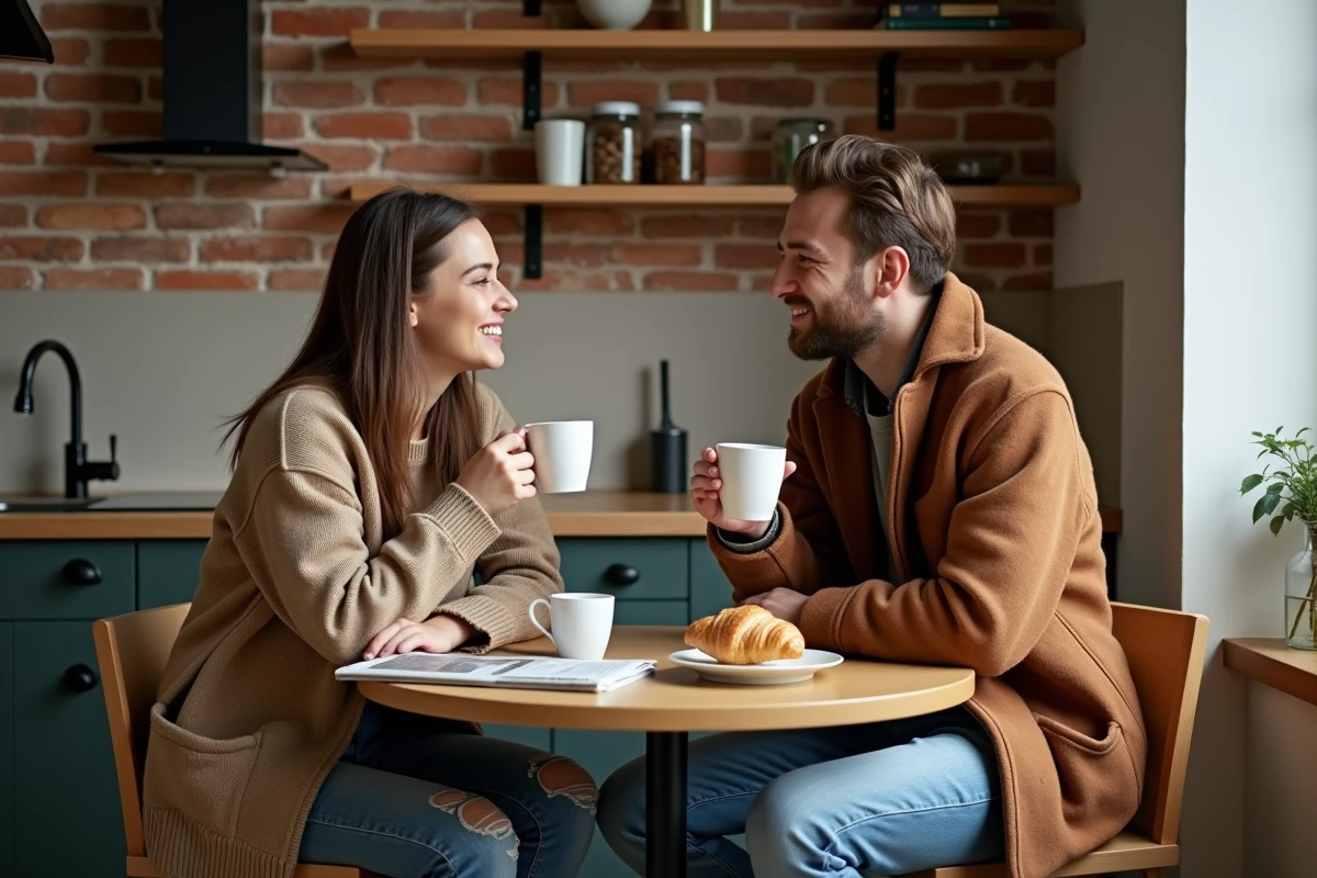 Deux amis en tenue tendance Callmespring partageant un café dans une cuisine chaleureuse au décor authentique et urbain