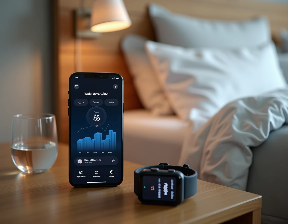 Smartphone et montre connectée posés sur une table de nuit comme solutions de réveil discret pour couple