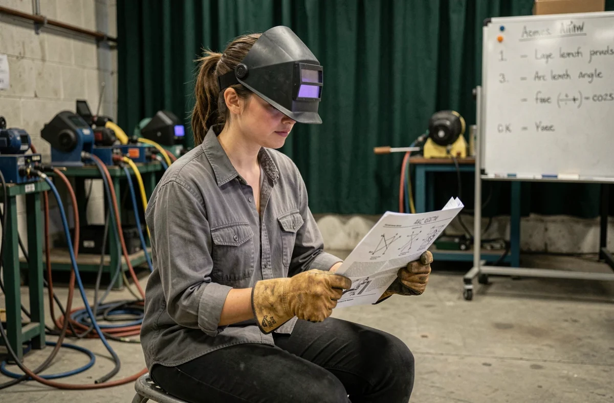 Apprentie soudeuse étudiant une fiche technique sur la soudure à l'électrode dans une salle de formation professionnelle