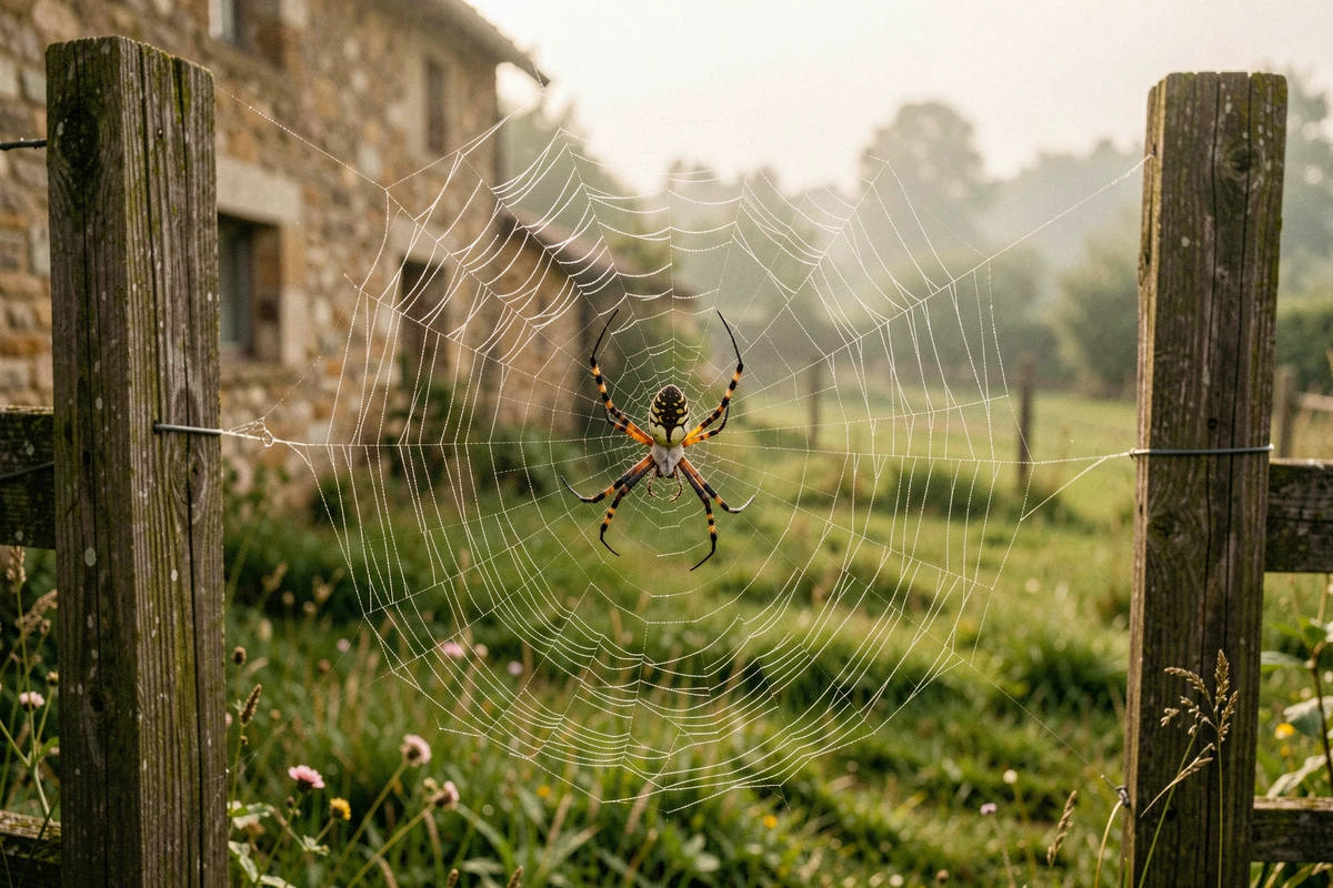 Araignée épeire diadème au centre de sa toile dans un jardin de campagne française