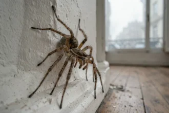 Araignée domestique Tegenaria sur un mur en plâtre blanc dans un appartement parisien