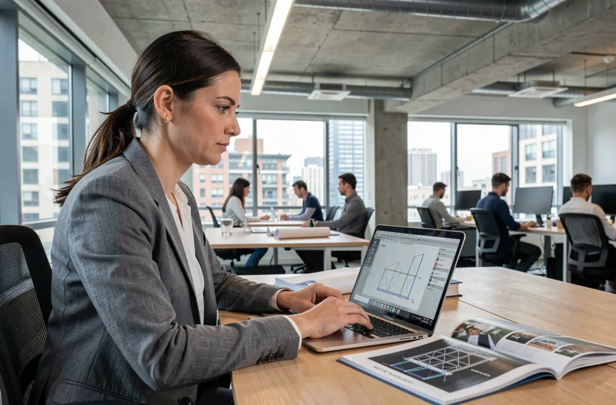 Architecte féminine calculant la charge d'un IPN métallique sur logiciel de structure dans un bureau moderne