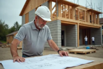 Architecte en chantier de construction de maison individuelle consultant des plans sur un chantier en cours avec ossature bois et parpaings visibles