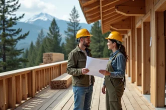 Architecte et entrepreneur discutent sur un chantier de chalet en bois