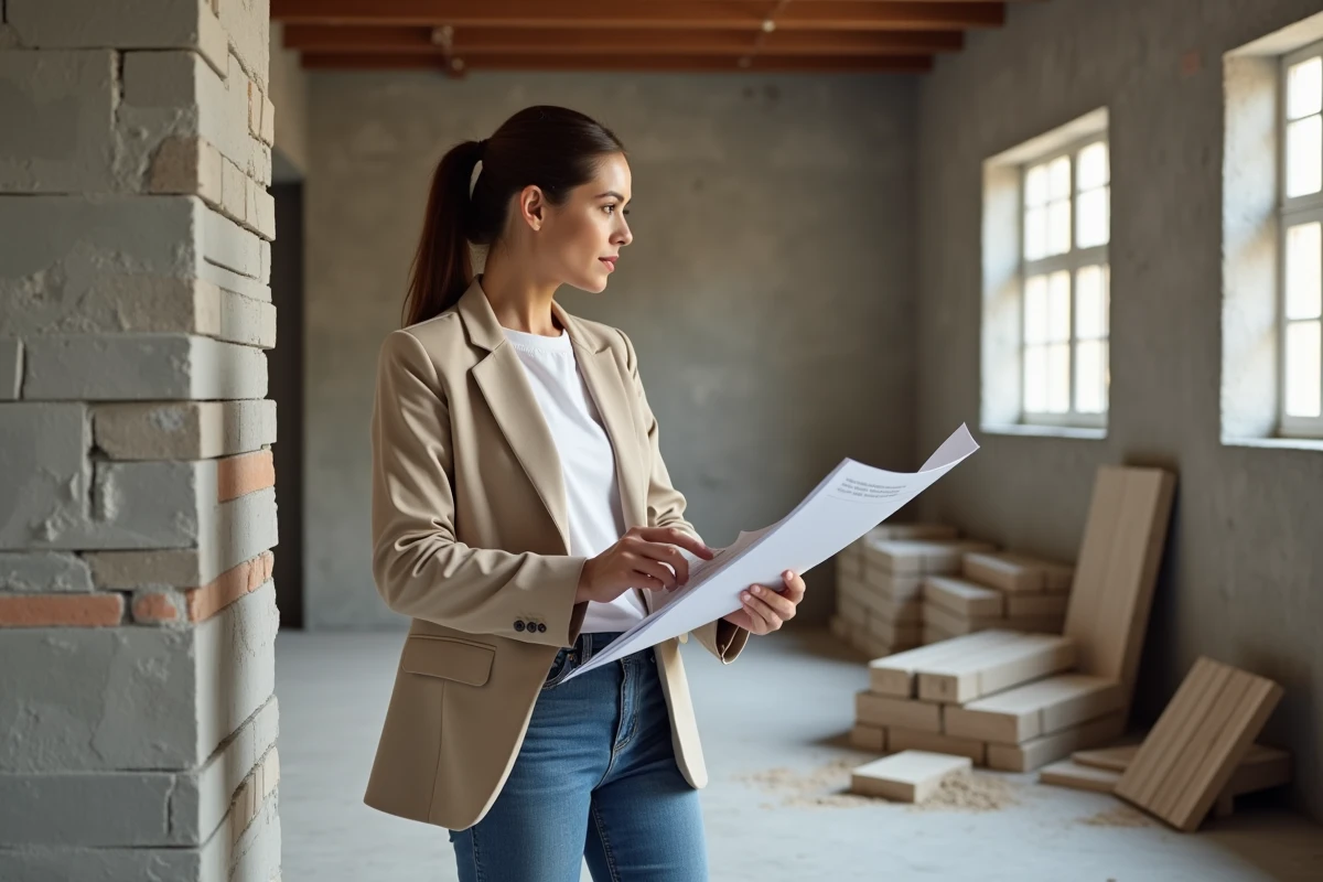 Architecte examinant un mur test avec plans et matériaux
