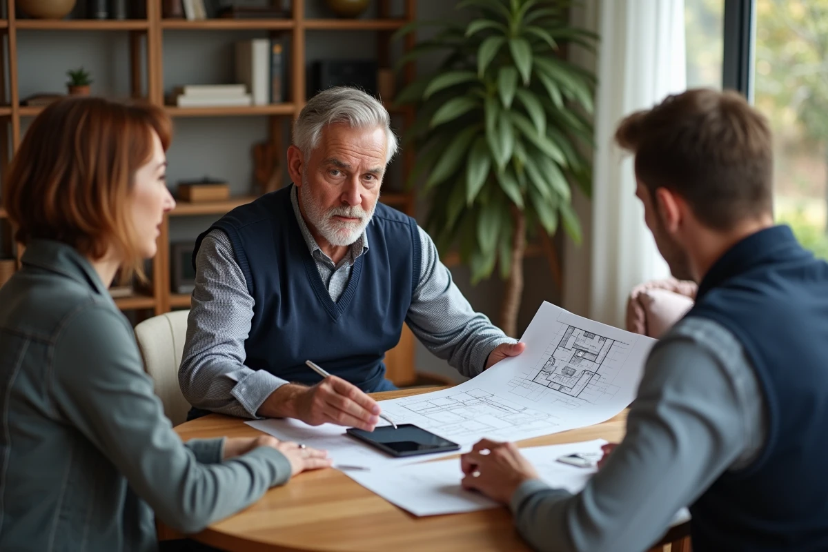 Artisan discutant avec un couple et plans de projet dans le salon