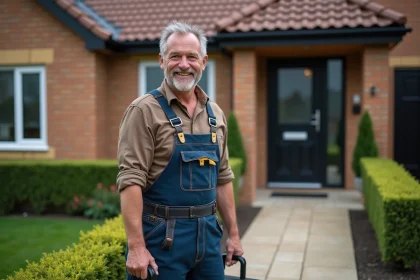 Artisan souriant devant une maison de banlieue propre