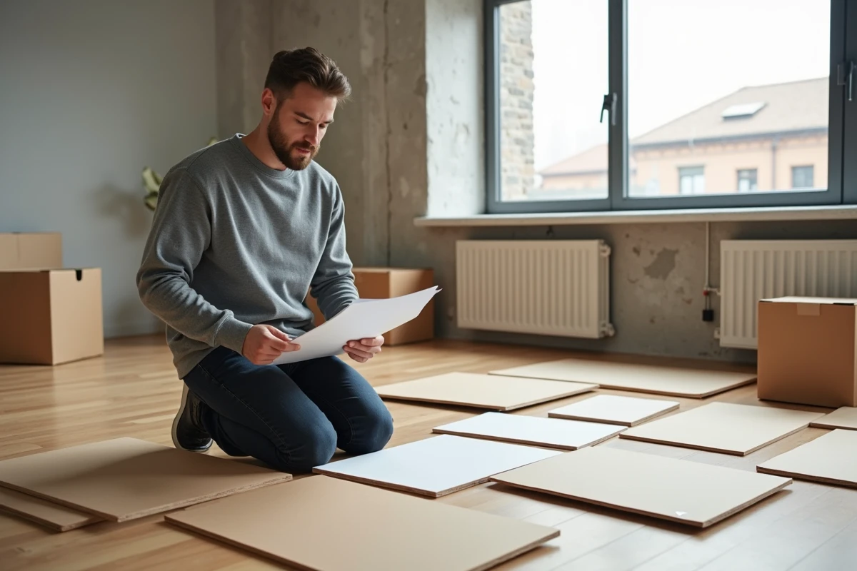 Homme assemblant un système de rangement modulable au sol dans un appartement locatif avec vue urbaine