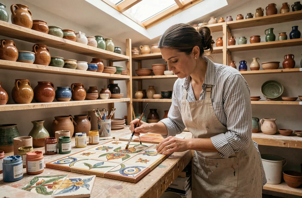 Artisane de l'Atelier Cérame peignant à la main un carreau décoratif en céramique dans son atelier