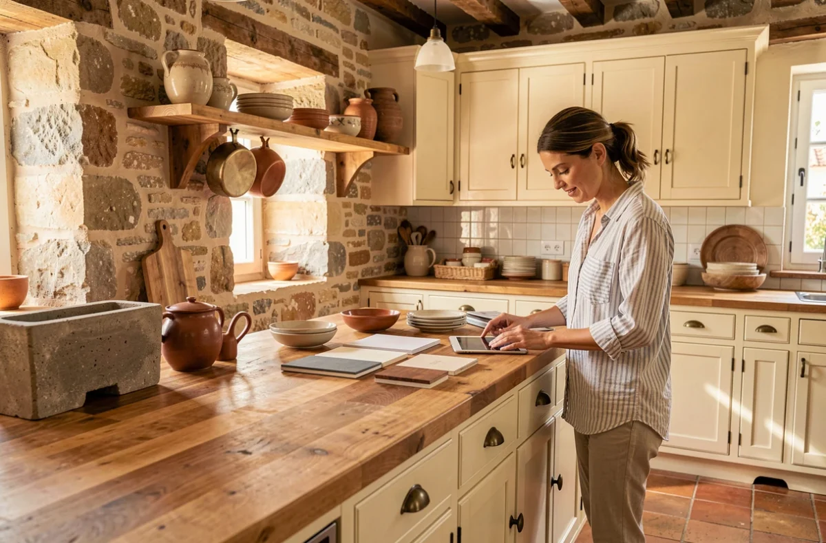 Boutique L'Atelier de Saint Paul avec murs en pierre apparente et cuisine provençale crème et laiton présentée par une designer