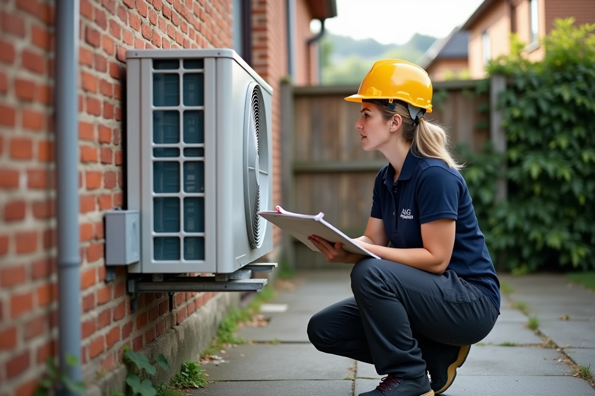 Auditrice énergétique inspectant une pompe à chaleur lors d'une évaluation énergétique résidentielle