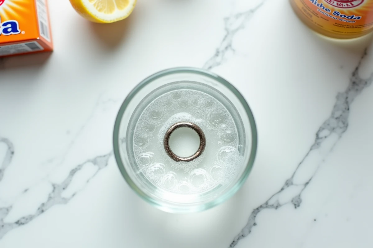 Bague en argent ternie plongée dans un bol en verre avec du vinaigre blanc et du bicarbonate de soude pétillant sur un plan de travail en marbre