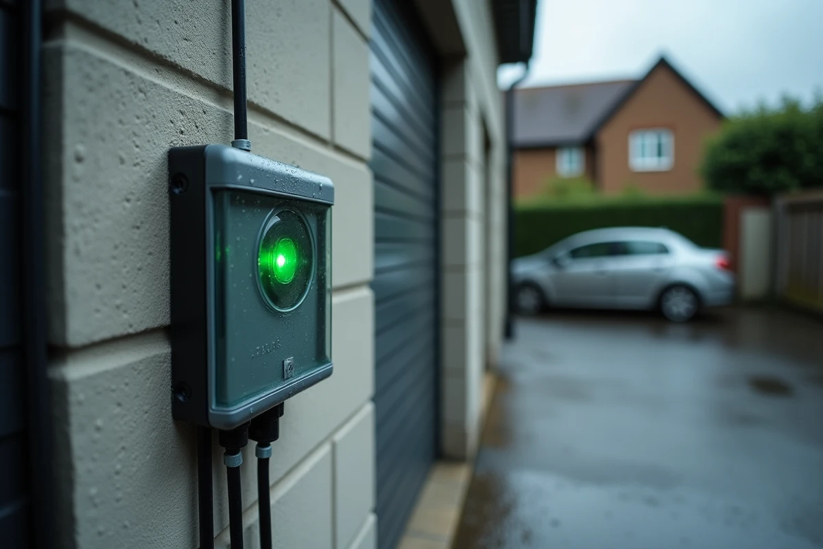 Boîtier bouton poussoir extérieur IP66 sur pilier béton avec gouttes de pluie et conduit électrique