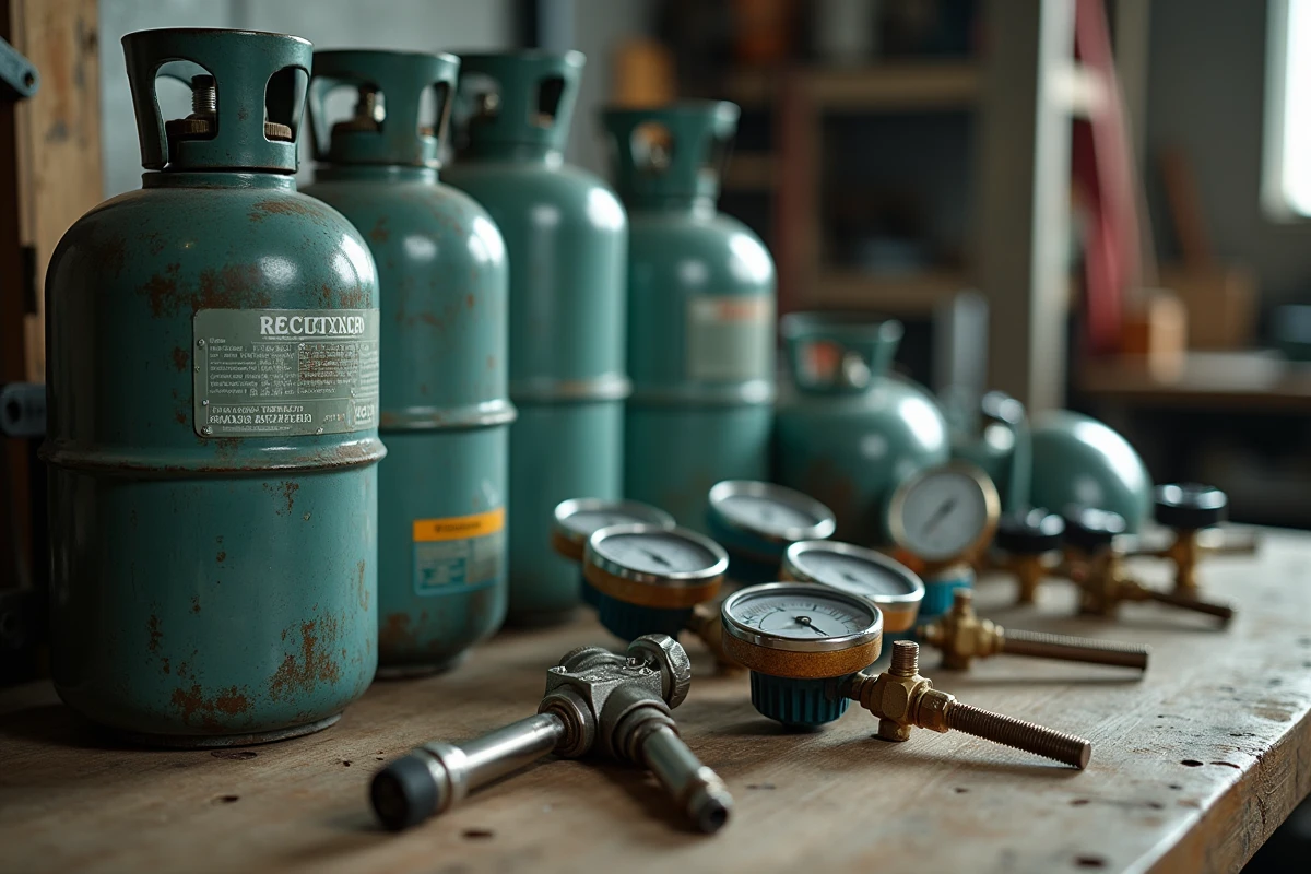 Bouteilles de gaz réfrigérant et outils de climatisation professionnels posés sur un établi d'atelier