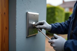 Électricien inspectant un bouton poussoir extérieur étanche IP65 en boîtier inox sur mur de façade