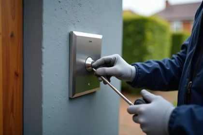Électricien inspectant un bouton poussoir extérieur étanche IP65 en boîtier inox sur mur de façade