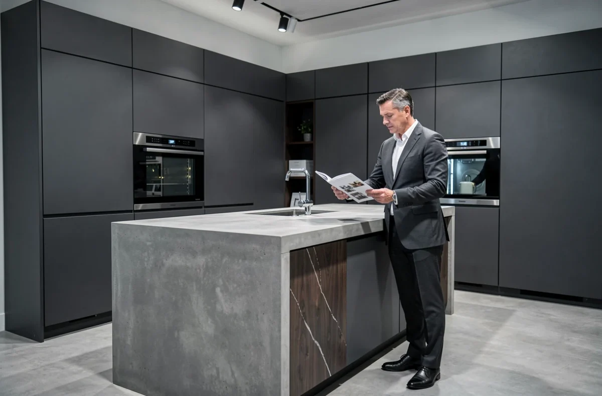Cuisine haut de gamme Bulthaup Lluck dans un showroom élégant avec caissons anthracite et plan de travail en béton poli