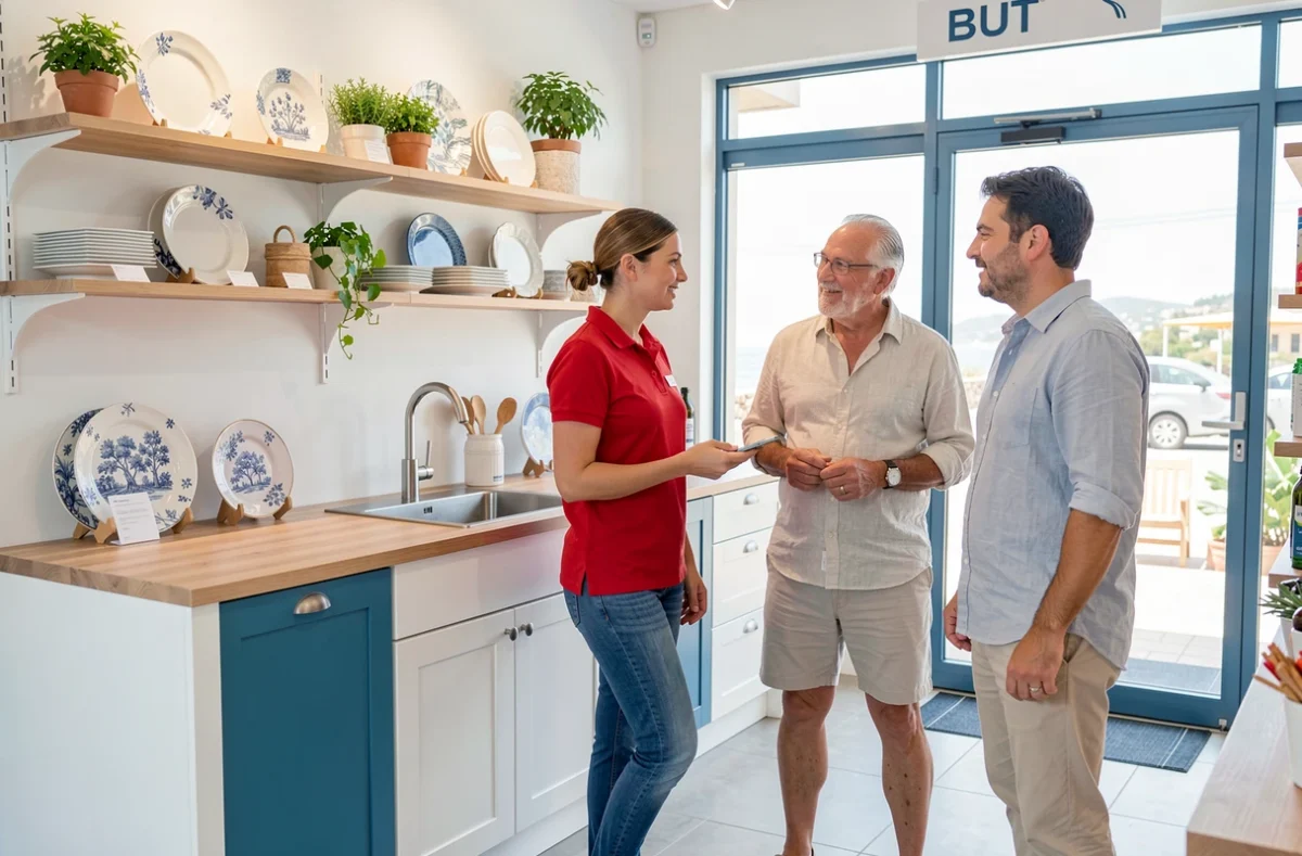 Cuisine blanc et bleu côtier exposée dans le magasin BUT Cuisines d'Agde avec une vendeuse et un couple en tenue estivale