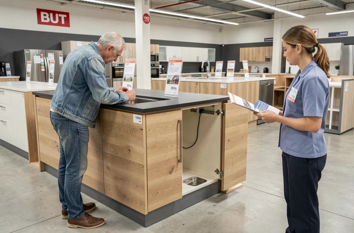 Client examinant des meubles de cuisine en chêne dans le rayon cuisines du magasin BUT de Béziers avec un vendeur en uniforme