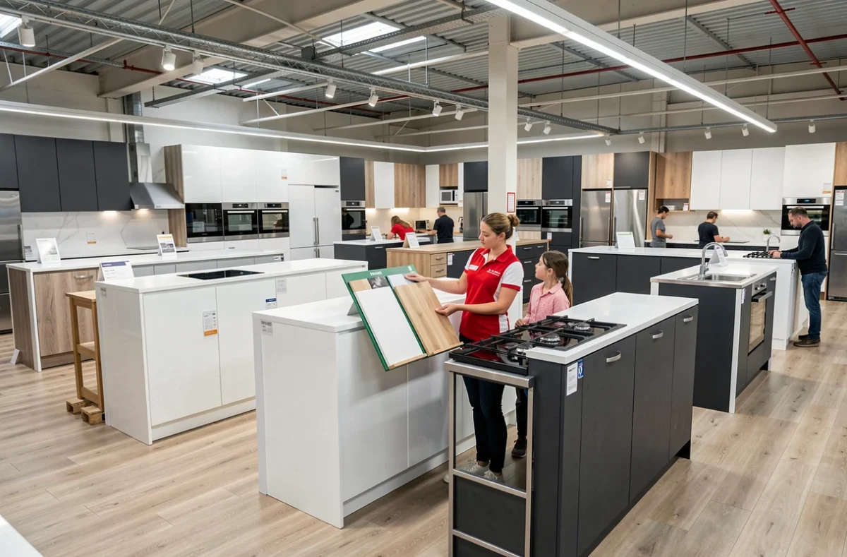 Rayon cuisines BUT Montpellier avec une vendeuse en uniforme aidant une famille à choisir entre différents modèles de cuisines exposés