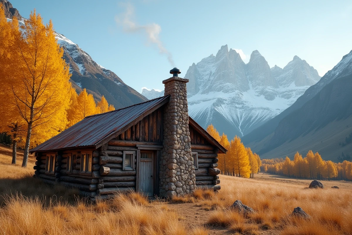 Cabane en bois isolée dans une vallée de Patagonie entourée de hêtres dorés et de sommets andins enneigés, symbole de vie simple et retirée