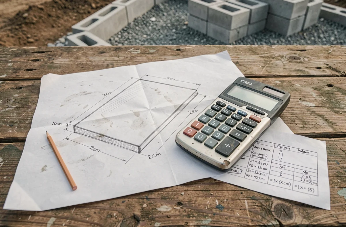 Plan de calcul du volume de béton en m3 pour une dalle de terrasse avec formules et calculatrice