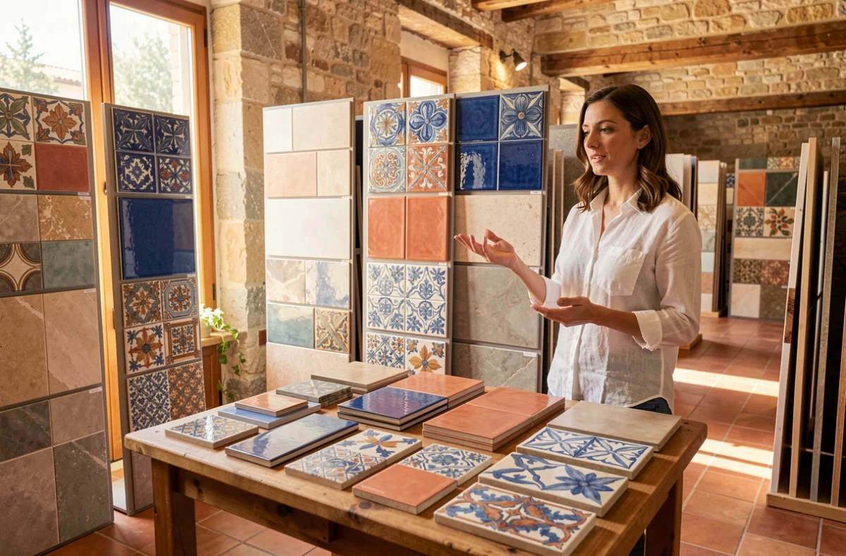 Showroom de Carrelage du Soleil avec collection de carreaux méditerranéens et conseillère en décoration