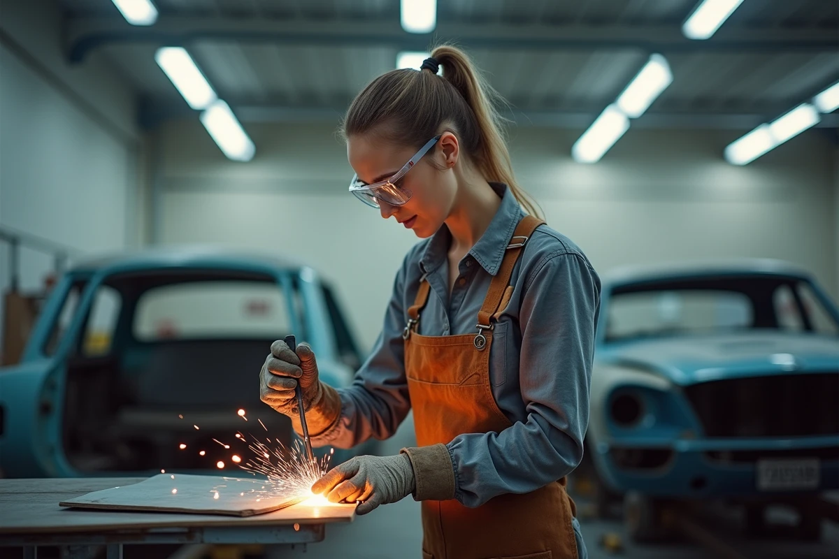 Carrossière en train de souder une tôle fine de portière automobile avec un fil fourré dans un atelier de carrosserie