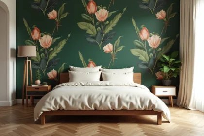 Chambre adulte cocooning avec papier peint botanique vert forêt et mobilier contemporain en noyer et laiton brossé