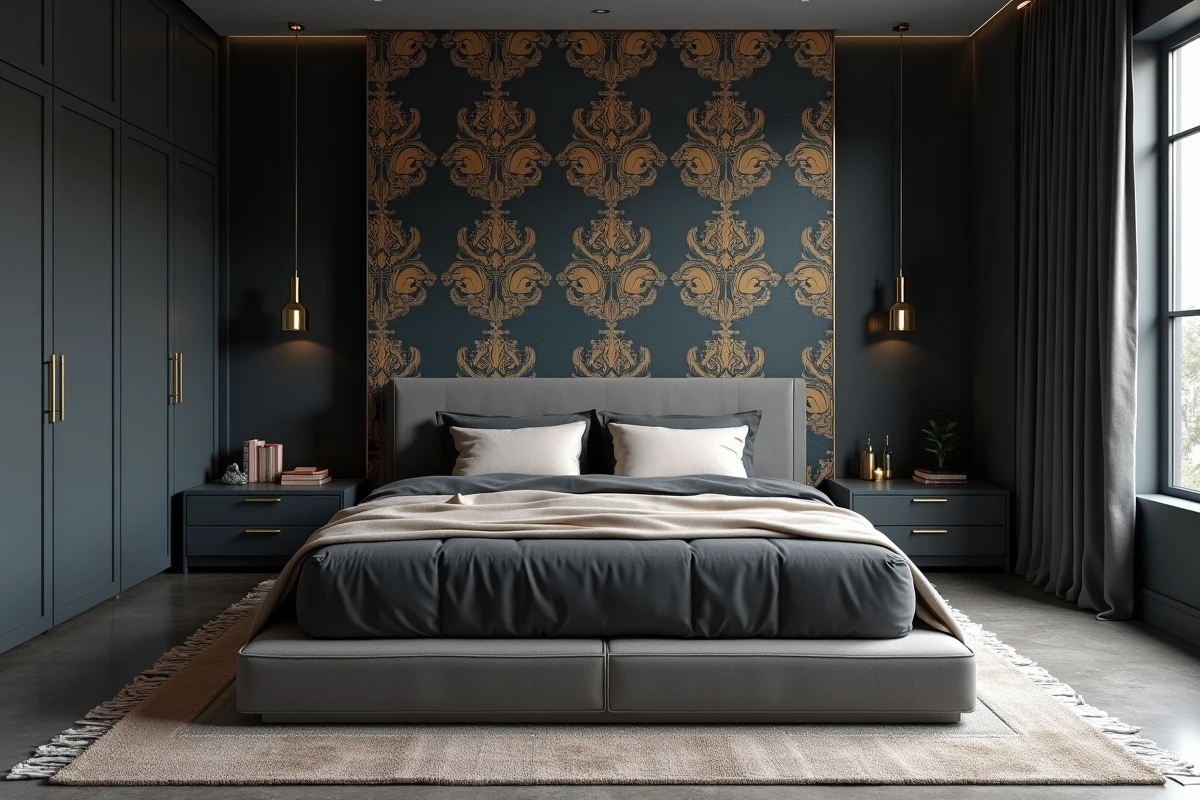 Chambre adulte romantique papier peint damassé bleu marine et or avec lit plateforme velours et armoires graphite contemporaines