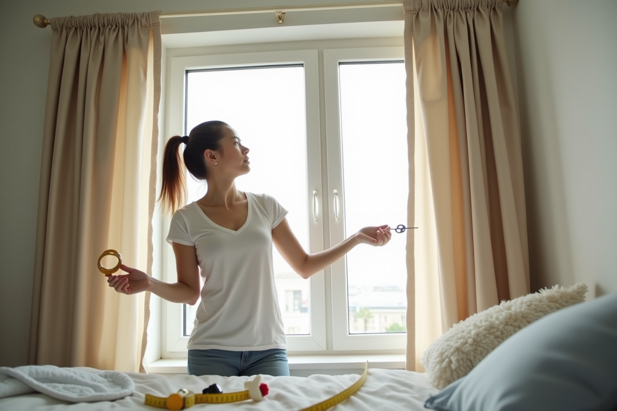Chambre moderne avec personne peinant a accrocher rideaux