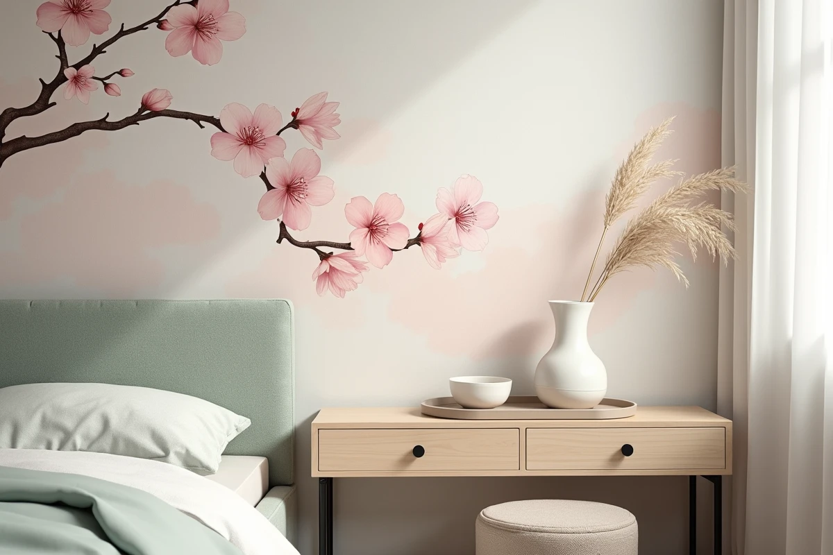 Coin chambre adulte cocooning papier peint japonisant cerisier rose avec commode Japandi en frêne clair et décoration minimaliste