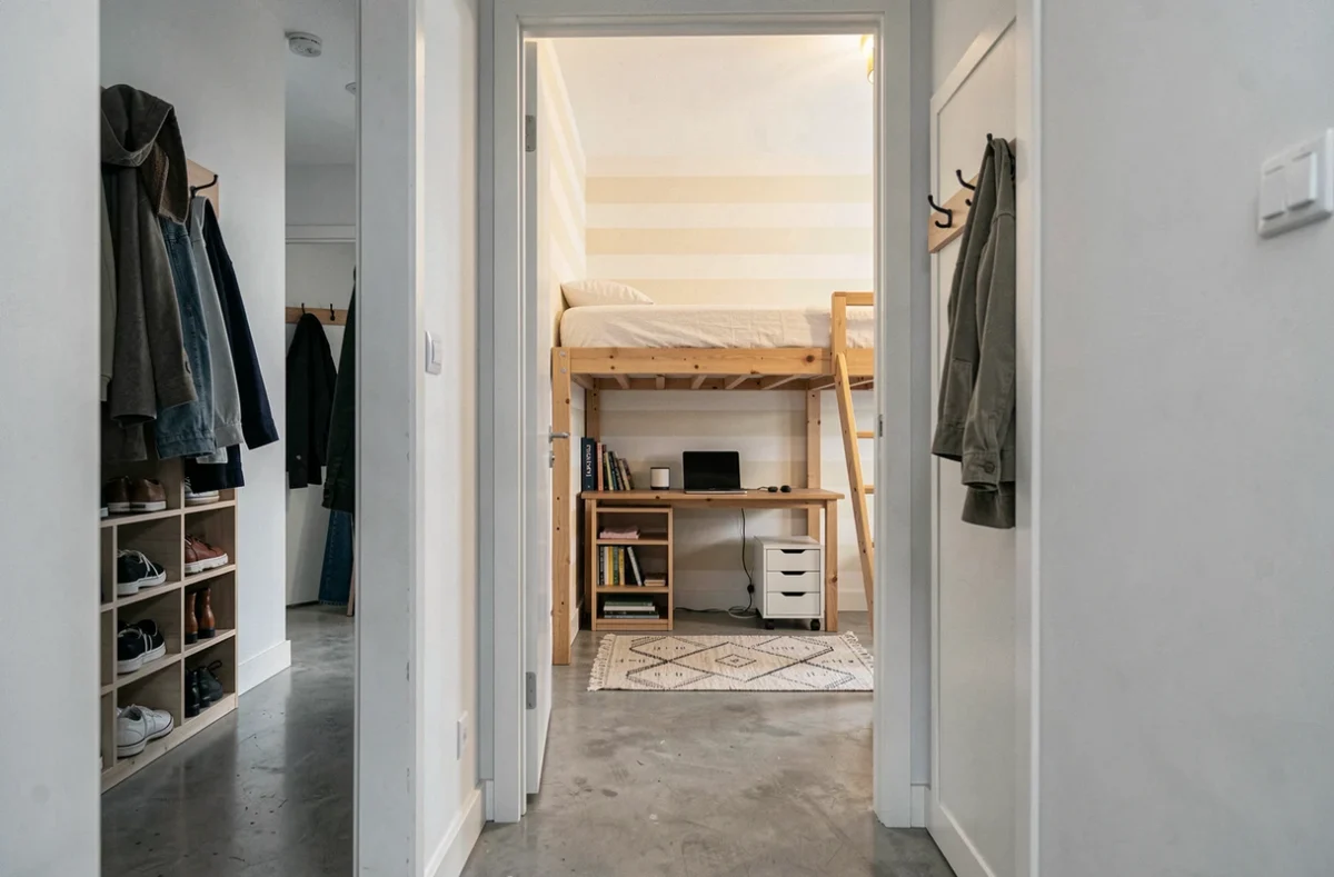 Vue depuis le couloir d'une chambre de colocation avec lit mezzanine et bureau intégré pour optimiser chaque mètre carré