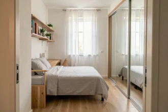 Chambre standard de colocation bien optimisée avec bureau, lit et rangements dans un petit espace de 10 mètres carrés
