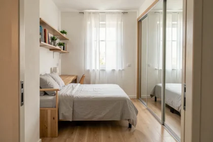 Chambre standard de colocation bien optimisée avec bureau, lit et rangements dans un petit espace de 10 mètres carrés