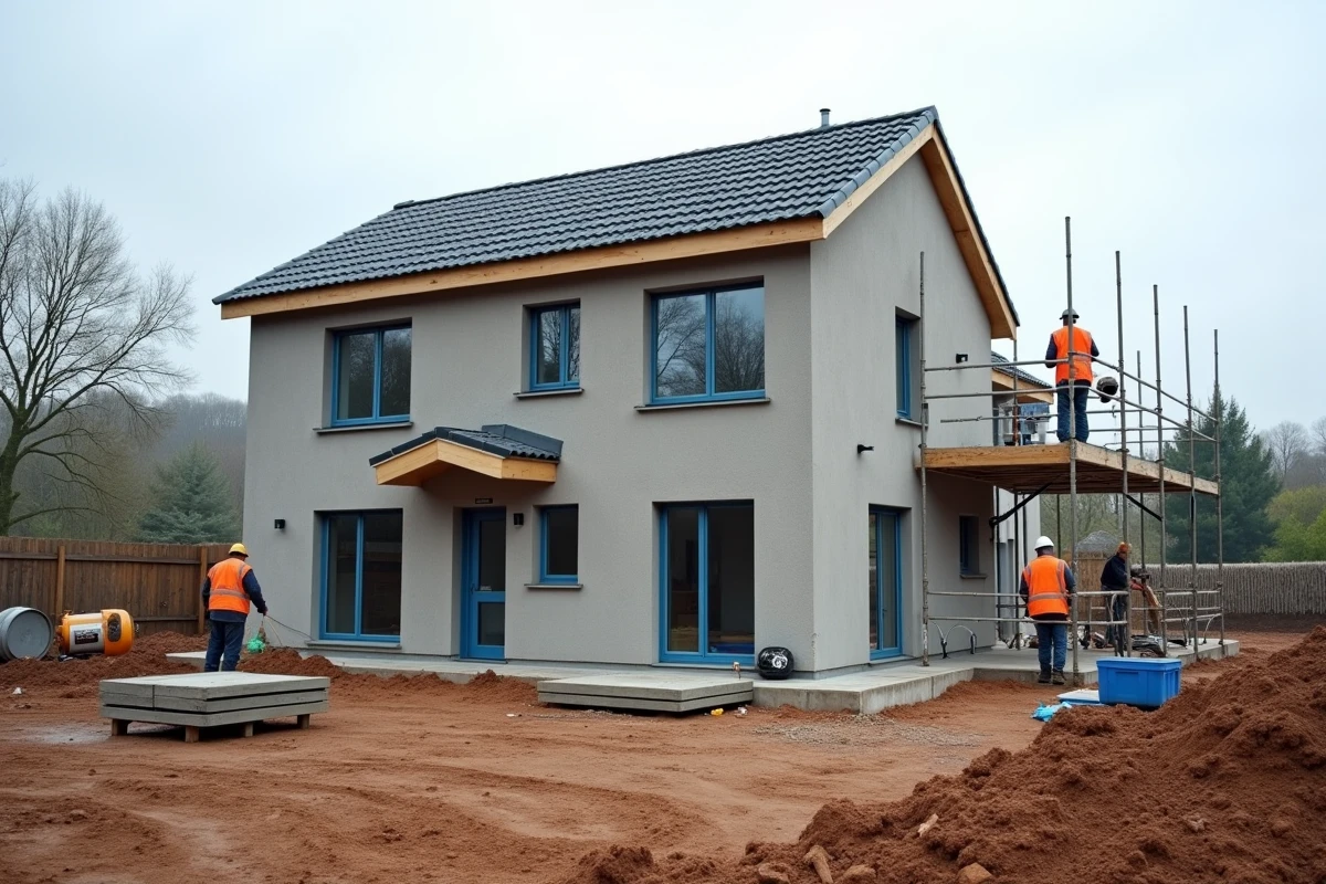 Chantier de finition extérieure d'une maison neuve en France avec ouvriers appliquant l'enduit de façade et posant les tuiles sur l'ossature en parpaings