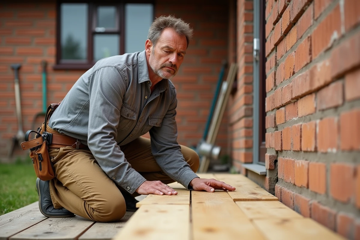 Charpentier inspectant une lambourde désolidarisée du mur de maison sur une terrasse en bois