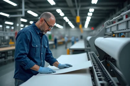 Manager de production inspectant un panneau fibre couture en usine