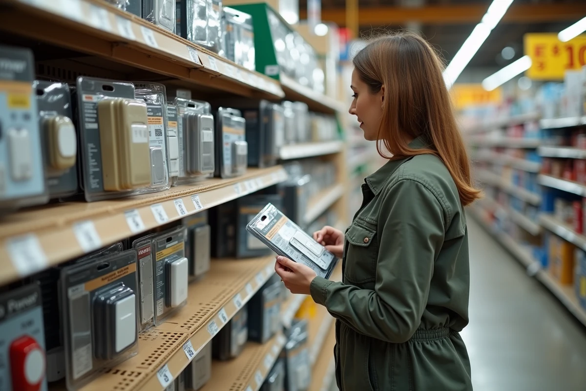 Femme choisissant un kit bouton poussoir extérieur étanche en rayon de magasin de bricolage