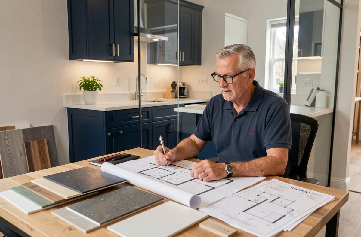 Christian Rage SARL, entrepreneur cuisiniste indépendant dans son bureau avec plans de cuisine et échantillons de matériaux