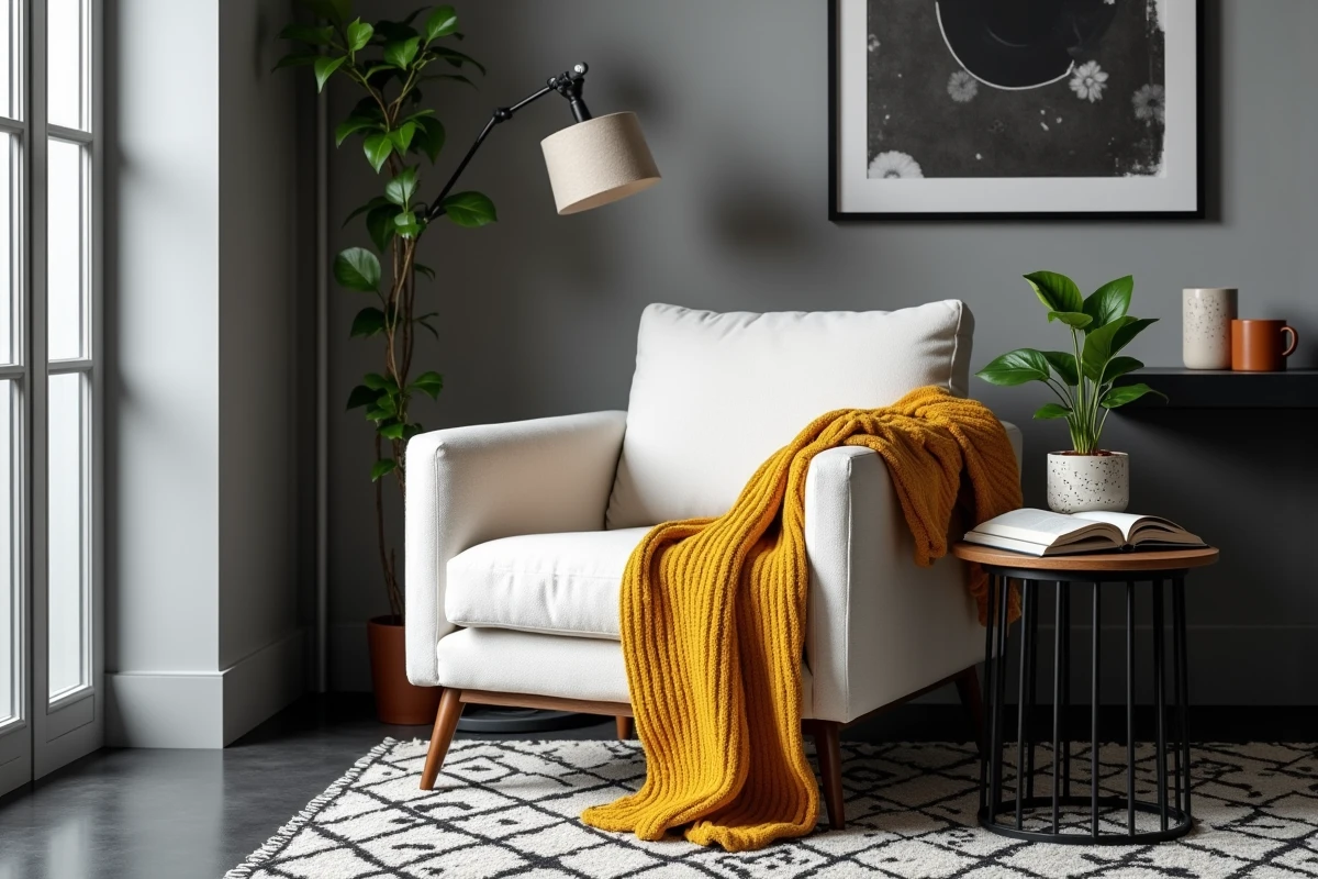 Coin lecture cosy en noir gris blanc avec fauteuil bouclé blanc, plaid moutarde et table d'appoint en noyer dans un salon moderne