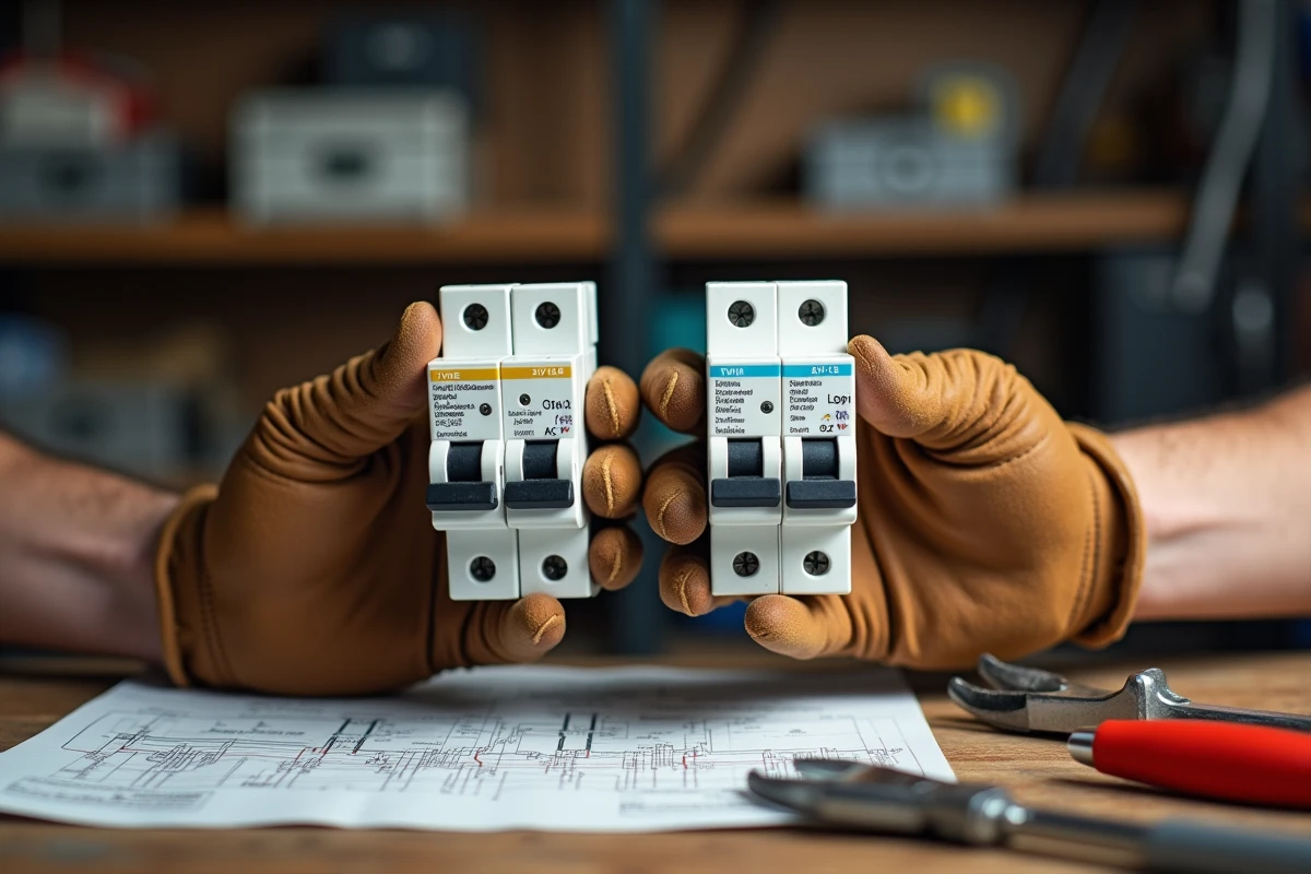 Comparaison côte à côte d'un disjoncteur différentiel type A et type AC tenus dans les mains d'un bricoleur