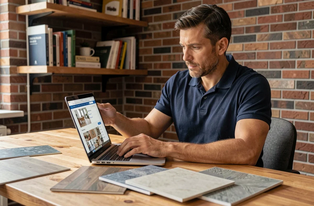 Homme comparant des échantillons de linoléum pas cher sur un site de vente en ligne depuis son bureau