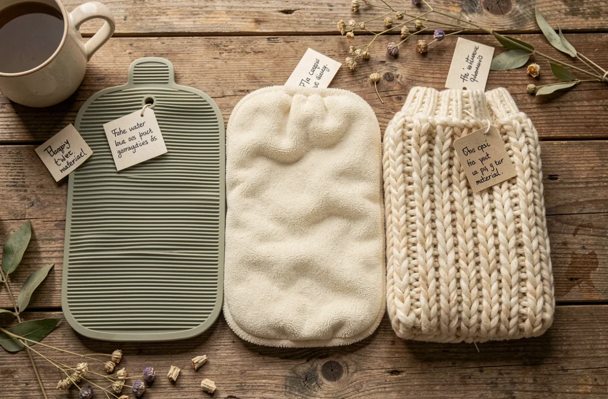 Comparaison de trois gourdes chauffantes aux textures différentes posées sur une table en bois pour aider au choix en magasin