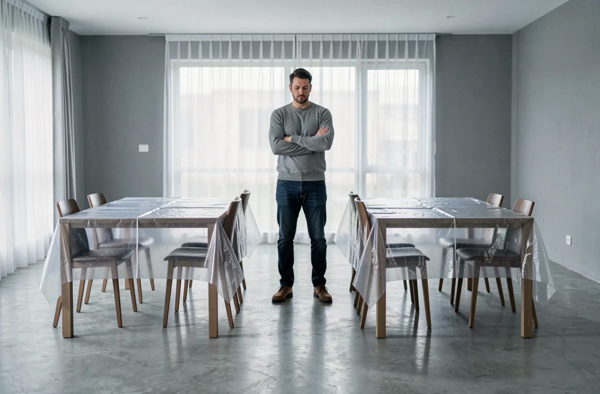 Homme comparant deux nappes transparentes sur mesure dans une salle à manger minimaliste, l'une parfaitement ajustée et l'autre présentant des défauts de pose et de dimensionnement