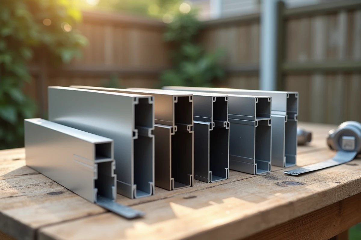 Comparaison de plusieurs cornières aluminium extérieures de différentes tailles et finitions posées sur un établi en bois à l'extérieur