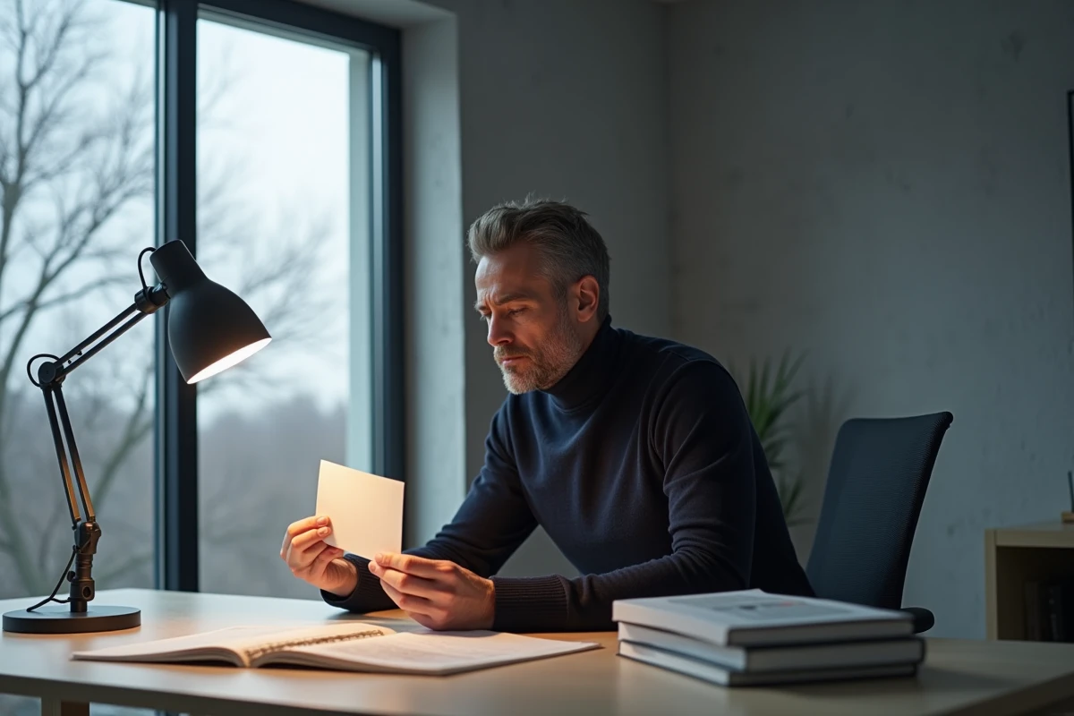 Homme comparant des températures de couleur d'ampoules LED dans un bureau minimaliste en hiver