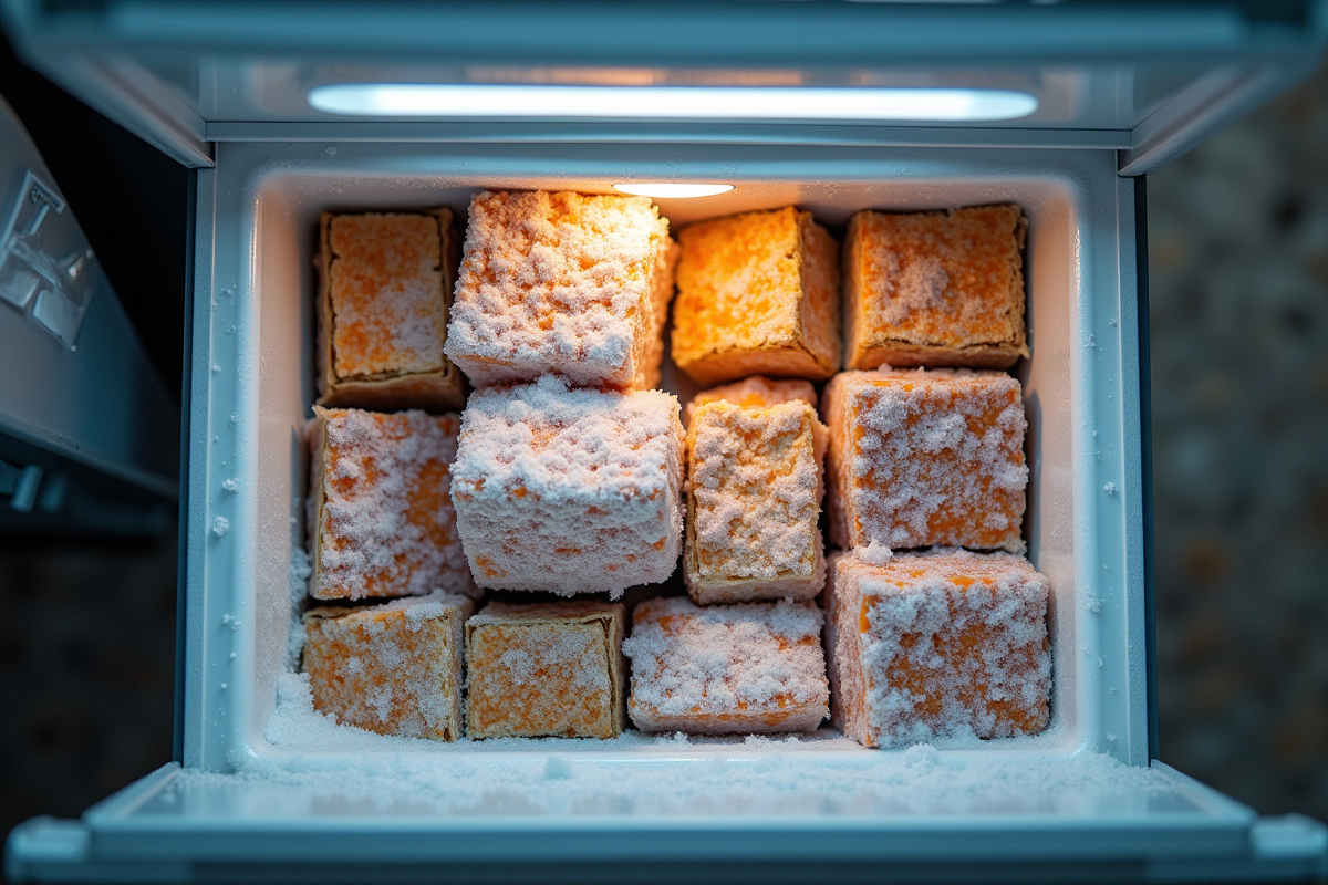 Congélateur ouvert avec aliments organisés et cristaux de glace