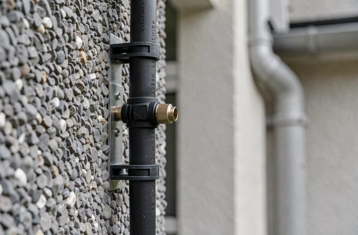 Connecteur de câble coaxial étanche fixé sur un mur extérieur en crépi avec attaches murales plastique