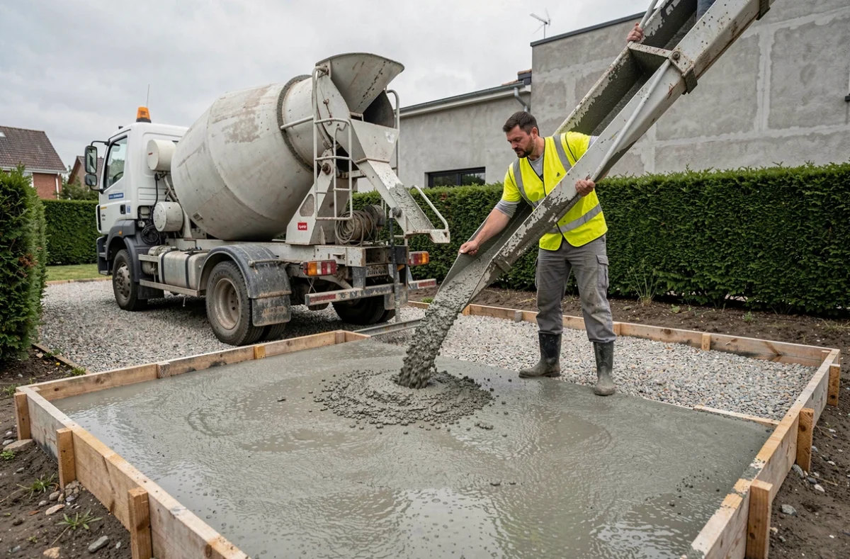 Camion toupie coulant du béton dans le coffrage d'une dalle de terrasse lors d'un chantier résidentiel